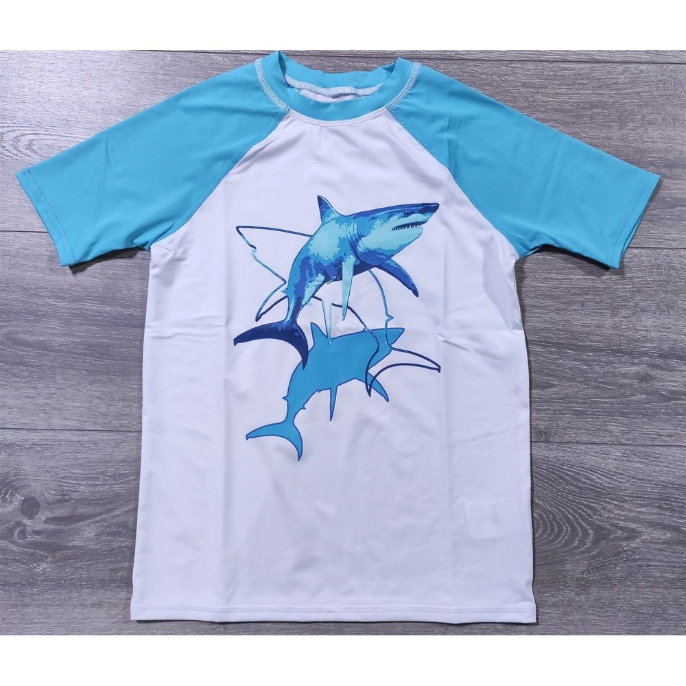 Lands End Boys White Blue Shark Rash Guard Swim Shirt Size M 8 Short Sleeve